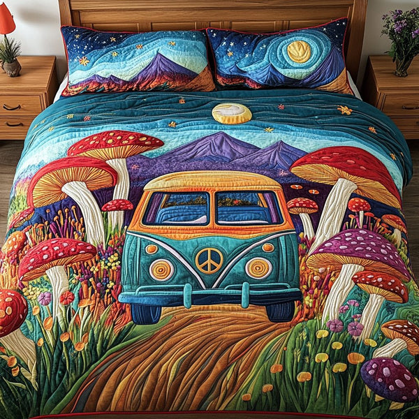 Zen Wheels quilted 3-piece bedding set on a made bed with two matching pillow shams
