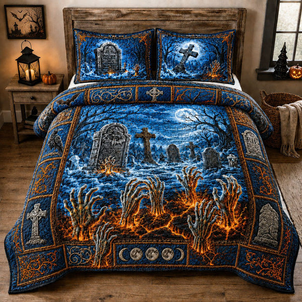 Zombie Hands Graveyard quilted 3-piece bedding set on a made bed against a dark styled interior