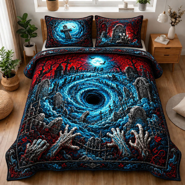 Zombie Hands Graveyard quilted 3-piece bedding set on a made bed against a dark styled interior