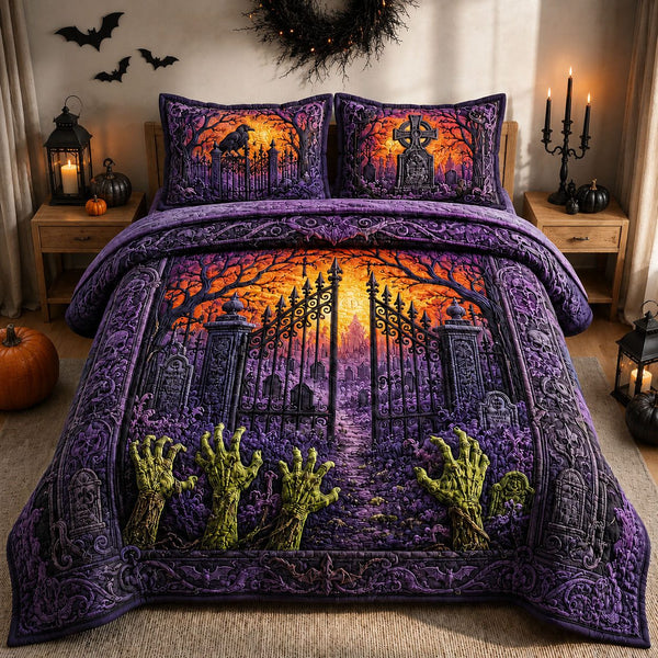 Zombie Hands Graveyard Sunset quilted 3-piece bedding set on a made bed against a dark styled interior