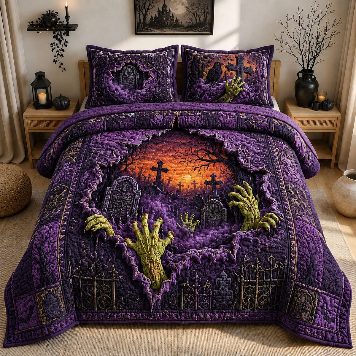 Zombie Hands Graveyard Sunset quilted 3-piece bedding set on a made bed against a dark styled interior