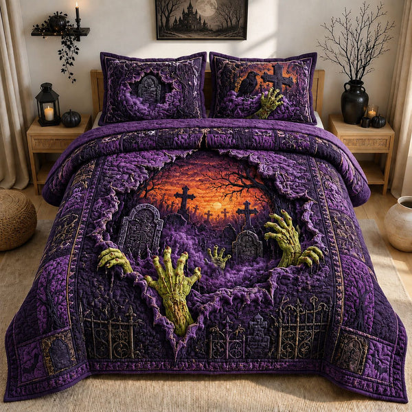 Zombie Hands Graveyard Sunset quilted 3-piece bedding set on a made bed against a dark styled interior