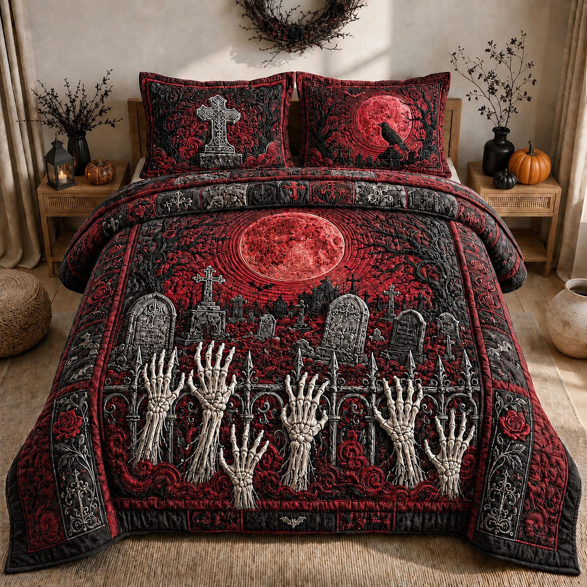 Zombie Hands Graveyard Sunset quilted 3-piece bedding set on a made bed against a dark styled interior