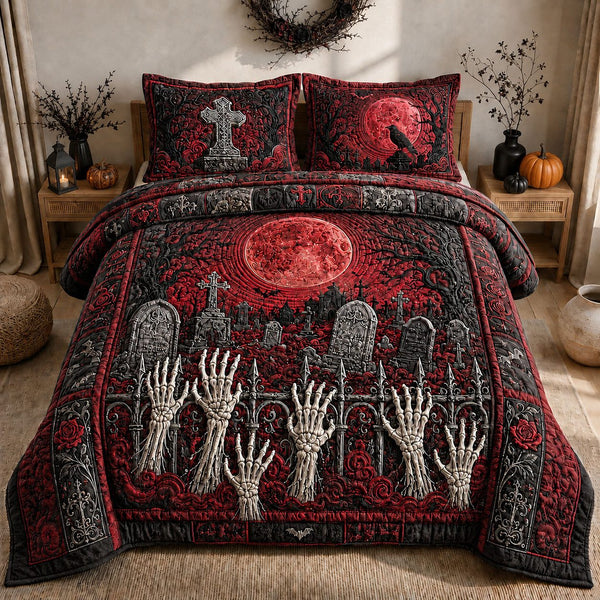 Zombie Hands Graveyard Sunset quilted 3-piece bedding set on a made bed against a dark styled interior