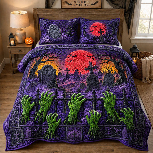 Zombie Hands Graveyard Sunset quilted 3-piece bedding set on a made bed against a dark styled interior
