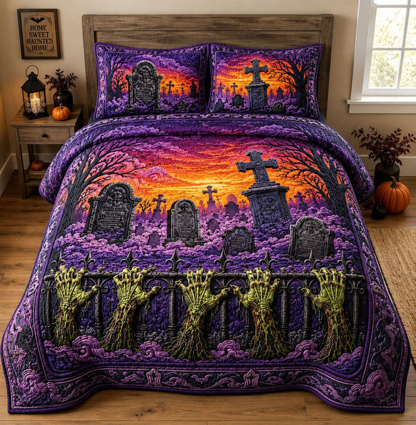 Zombie Hands Graveyard Sunset quilted 3-piece bedding set on a made bed against a dark styled interior